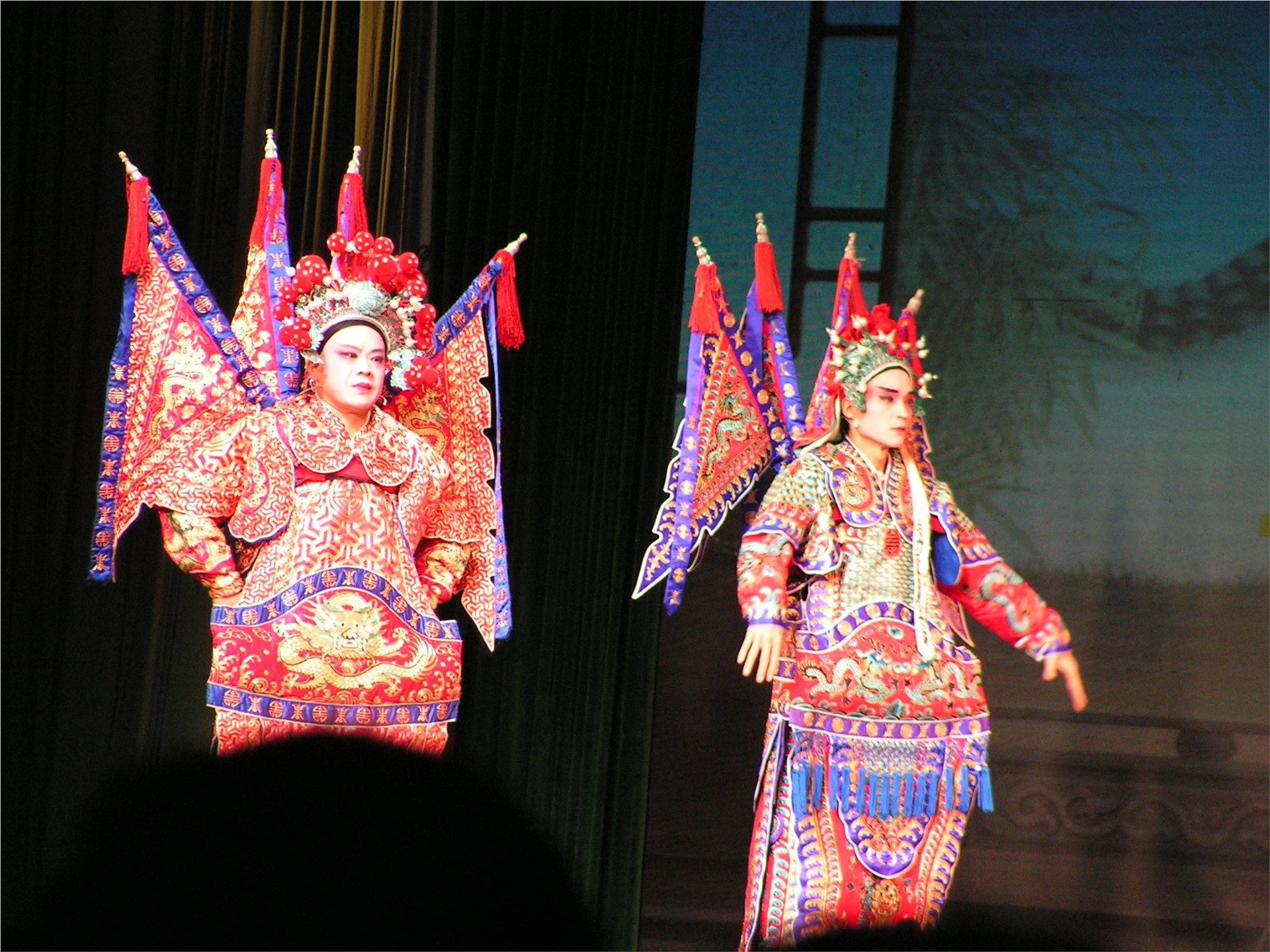 两位身着靠旗戏服的演员在舞台上表演